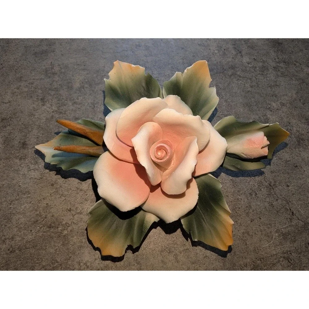 Vintage Capodimonte Porcelain Rose Flower Bisque Italy Pink Green 1960s Figure